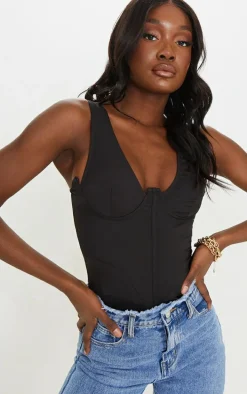 Tall Black Corset Detail Woven Bodysuit
