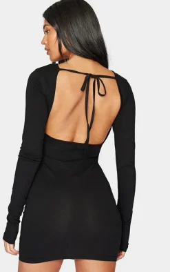 Tall Black Cotton Tie Scoop Back Mini Dress