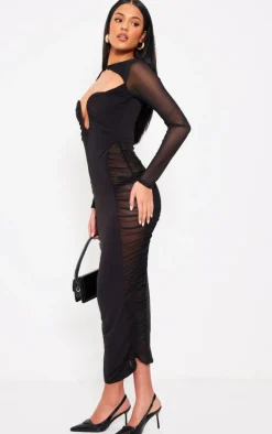 Tall Black Cut Out Detail Mesh Ruched Midaxi Dress