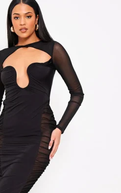 Tall Black Cut Out Detail Mesh Ruched Midaxi Dress
