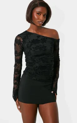 Tall Black Devore Long Sleeve Ruched Top