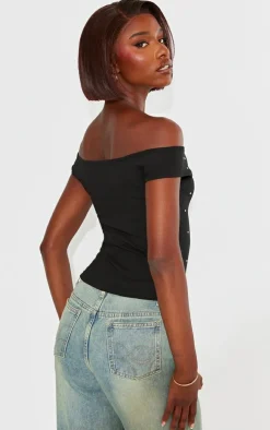 Tall Black Diamante Detail Slash Neck Top