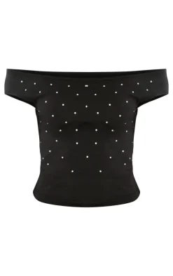 Tall Black Diamante Detail Slash Neck Top