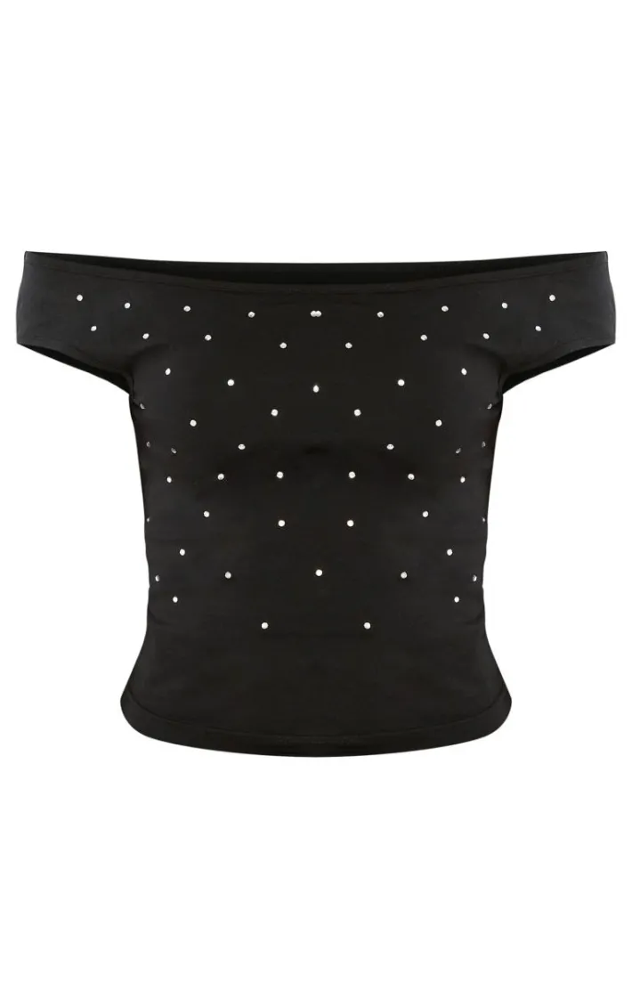 Tall Black Diamante Detail Slash Neck Top