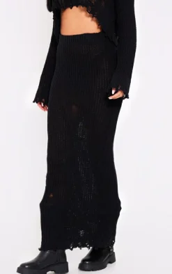 Tall Black Distressed Knitted Midaxi Skirt