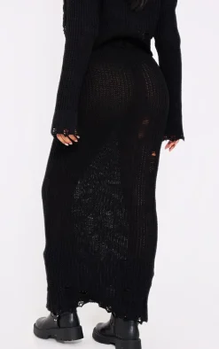 Tall Black Distressed Knitted Midaxi Skirt