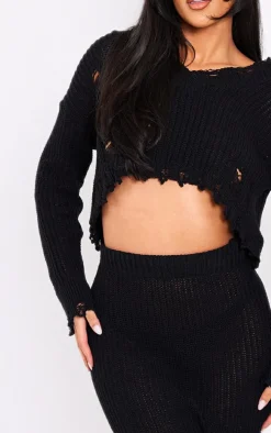 Tall Black Distressed Knitted Midaxi Skirt