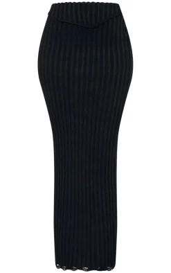 Tall Black Distressed Knit Maxi Skirt