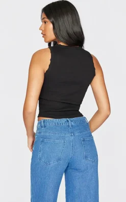 Tall Black Distressed Racer Neck Crop Top