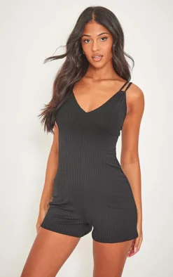 Tall Black Double Strap Rib Plunge Romper
