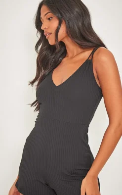 Tall Black Double Strap Rib Plunge Romper
