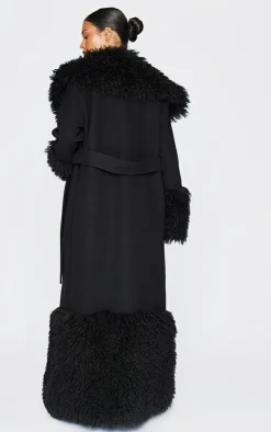 Tall Black Faux Fur Trim Contrast Wool Look Coat