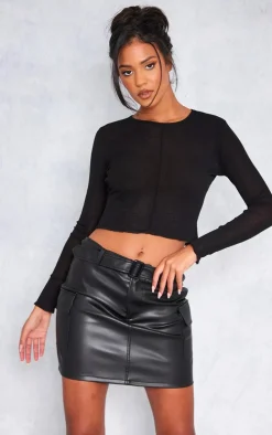 Tall Black Faux Leather Belted Micro Mini Skirt
