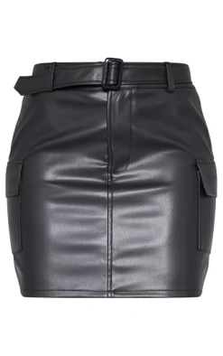 Tall Black Faux Leather Belted Micro Mini Skirt