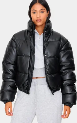 Tall Black Faux Leather Elastic Hem Bubble Puffer