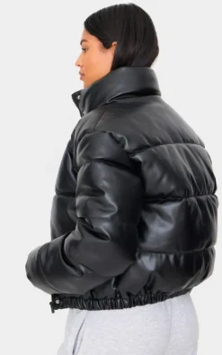 Tall Black Faux Leather Elastic Hem Bubble Puffer