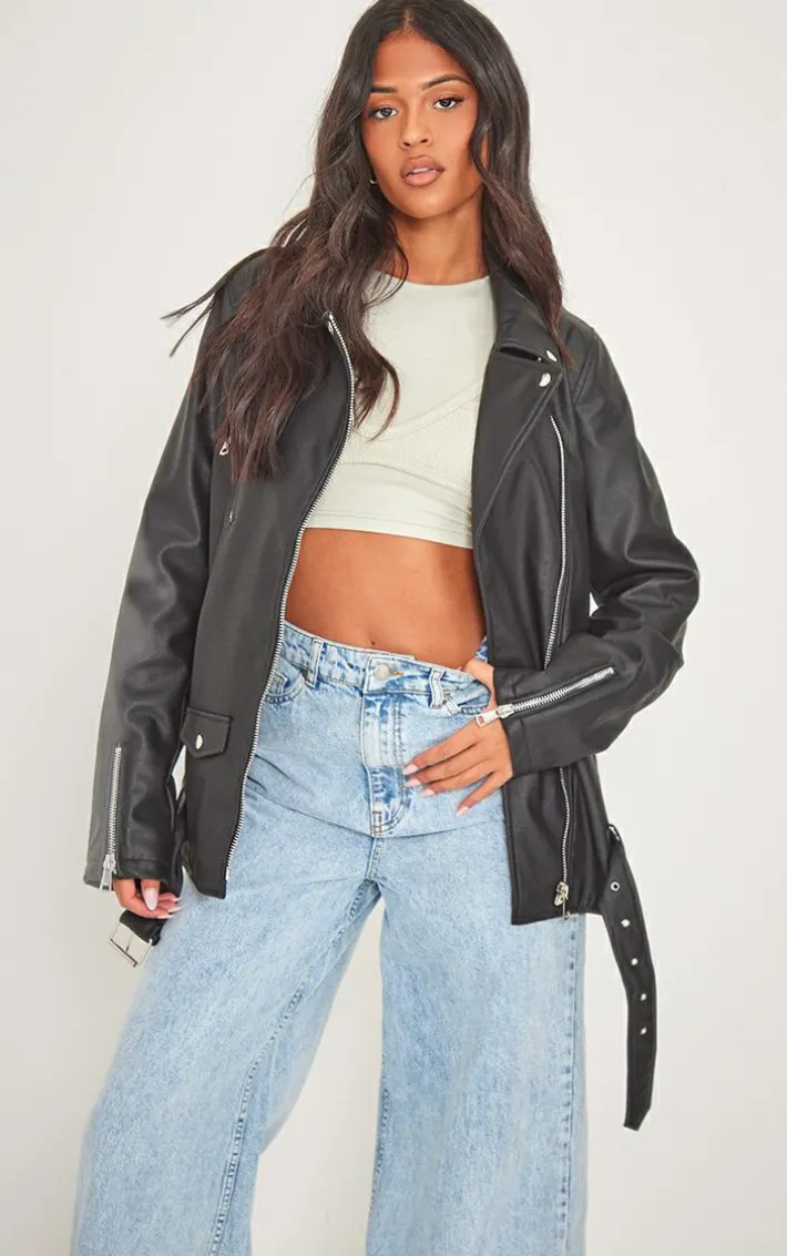 Tall Black Faux Leather Longline Belted Biker Jacket
