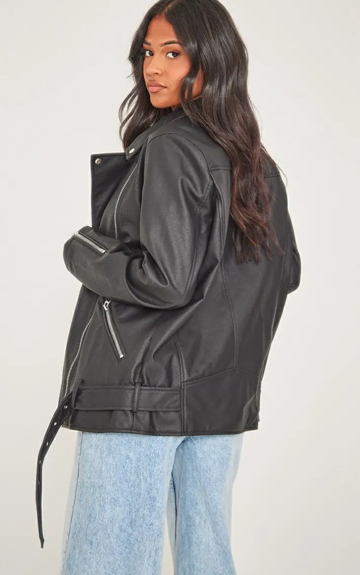 Tall Black Faux Leather Longline Belted Biker Jacket