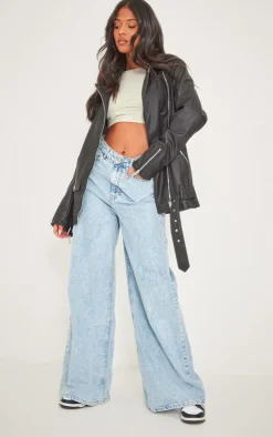 Tall Black Faux Leather Longline Belted Biker Jacket