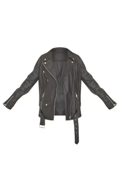 Tall Black Faux Leather Longline Belted Biker Jacket