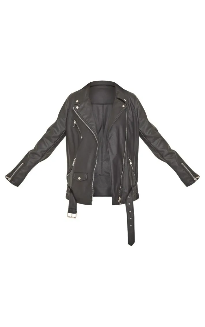 Tall Black Faux Leather Longline Belted Biker Jacket