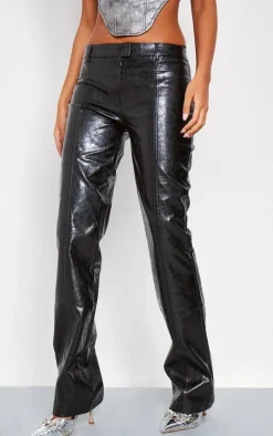 Tall Black Faux Leather Low Rise Textured Straight Leg Pants