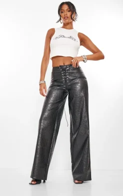 Tall Black Faux Leather Lace Up Front Straight Leg Pants