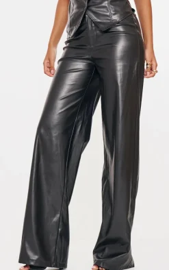 Tall Black Faux Leather Mid Rise Wide Leg Pants