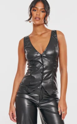 Tall Black Faux Leather Plunge Vest