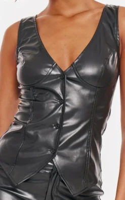 Tall Black Faux Leather Plunge Vest
