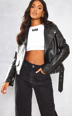 Tall Black Faux Leather Zip Detail Biker Jacket