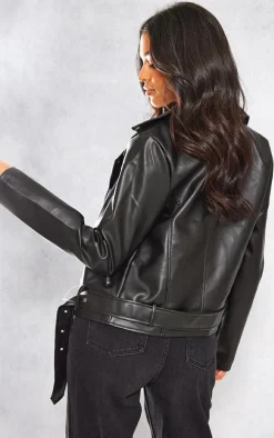Tall Black Faux Leather Zip Detail Biker Jacket