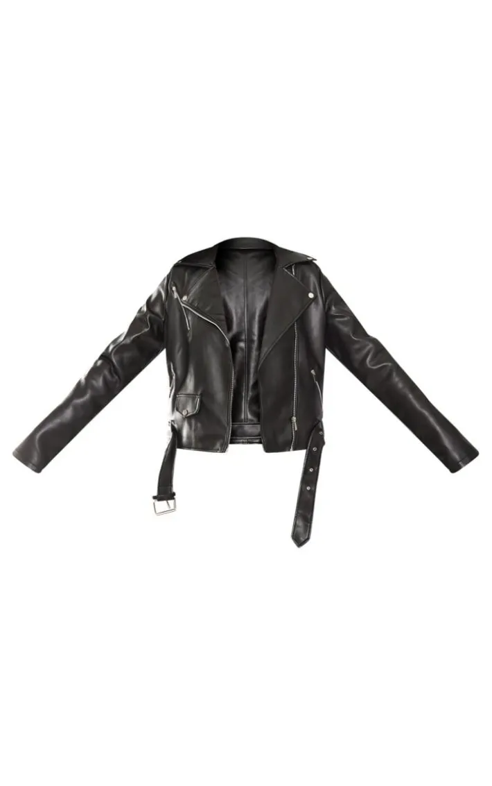 Tall Black Faux Leather Zip Detail Biker Jacket