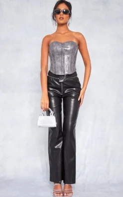 Tall Black Faux Leather Zip Detail Straight Leg Pants