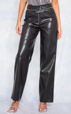 Tall Black Faux Leather Zip Detail Straight Leg Pants