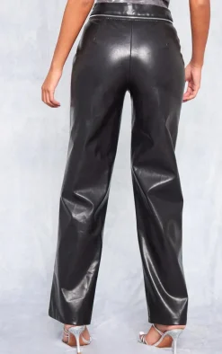 Tall Black Faux Leather Zip Detail Straight Leg Pants