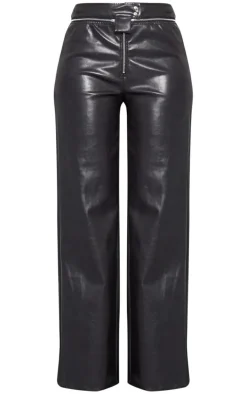 Tall Black Faux Leather Zip Detail Straight Leg Pants