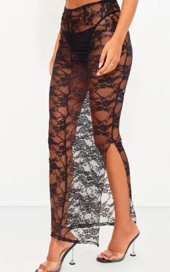Tall Black Floral Lace Ruched Maxi Skirt