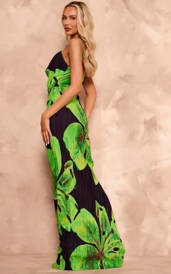 Tall Black Floral Print Plisse Strappy Maxi Dress
