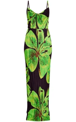 Tall Black Floral Print Plisse Strappy Maxi Dress