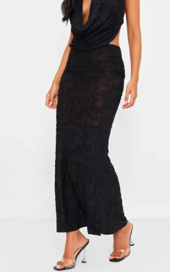 Tall Black Floral Sheer Burnout Low Rise Maxi Skirt