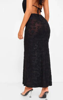 Tall Black Floral Sheer Burnout Low Rise Maxi Skirt