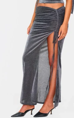 Tall Black Glitter Ruched Split Midaxi Skirt