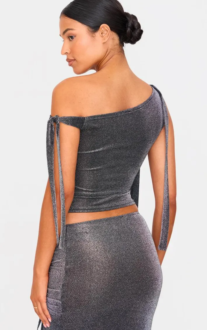 Tall Black Glitter Tie Side Crop Top