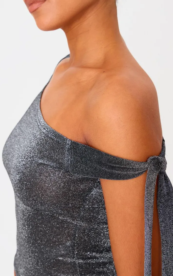 Tall Black Glitter Tie Side Crop Top