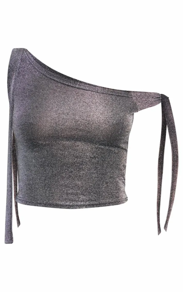 Tall Black Glitter Tie Side Crop Top