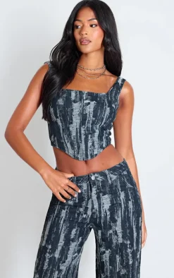 Tall Black Jacquard Style Denim Corset Top
