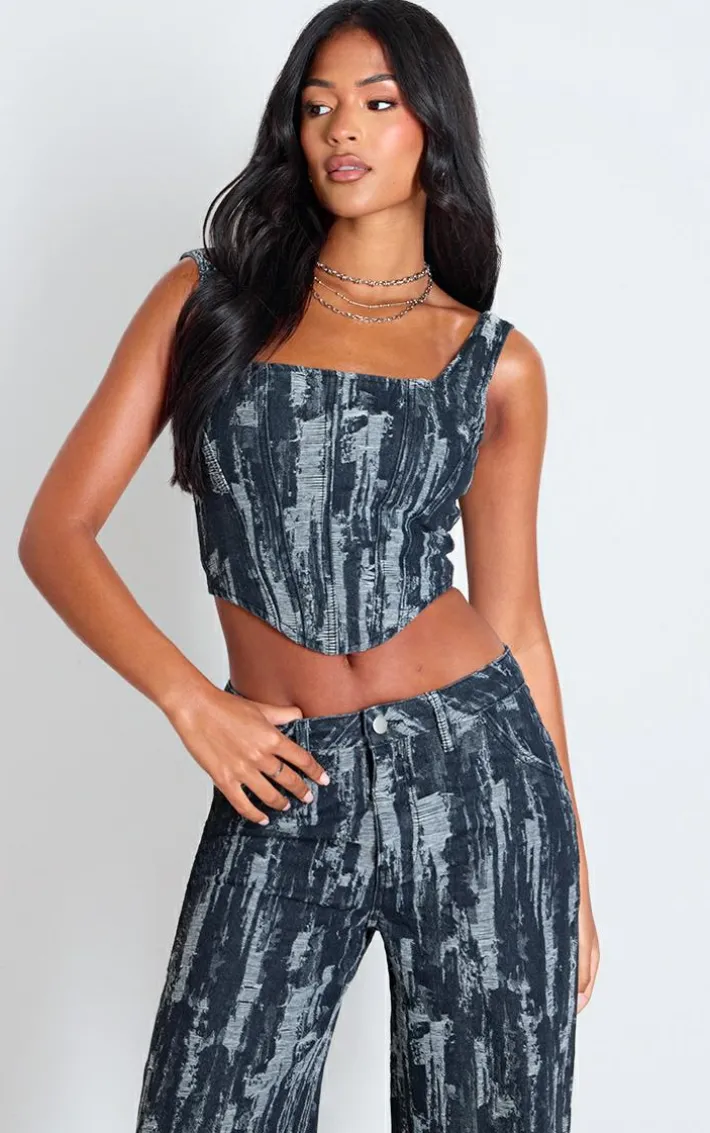 Tall Black Jacquard Style Denim Corset Top