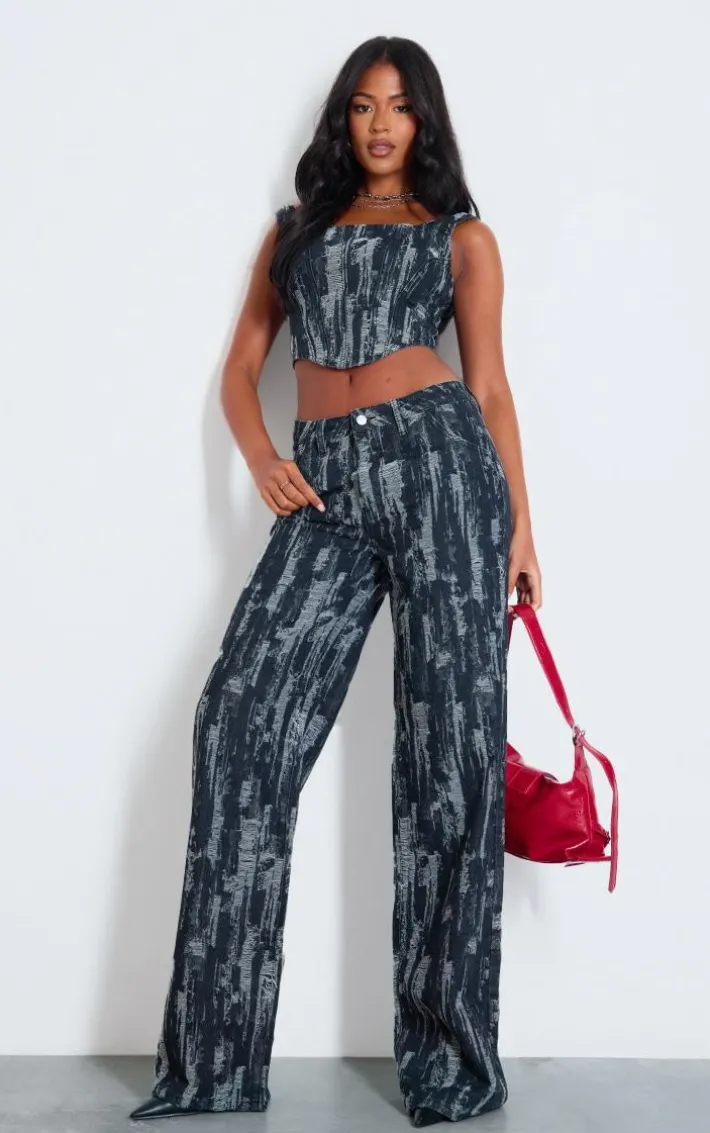 Tall Black Jacquard Style Denim Corset Top