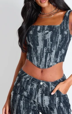 Tall Black Jacquard Style Denim Corset Top